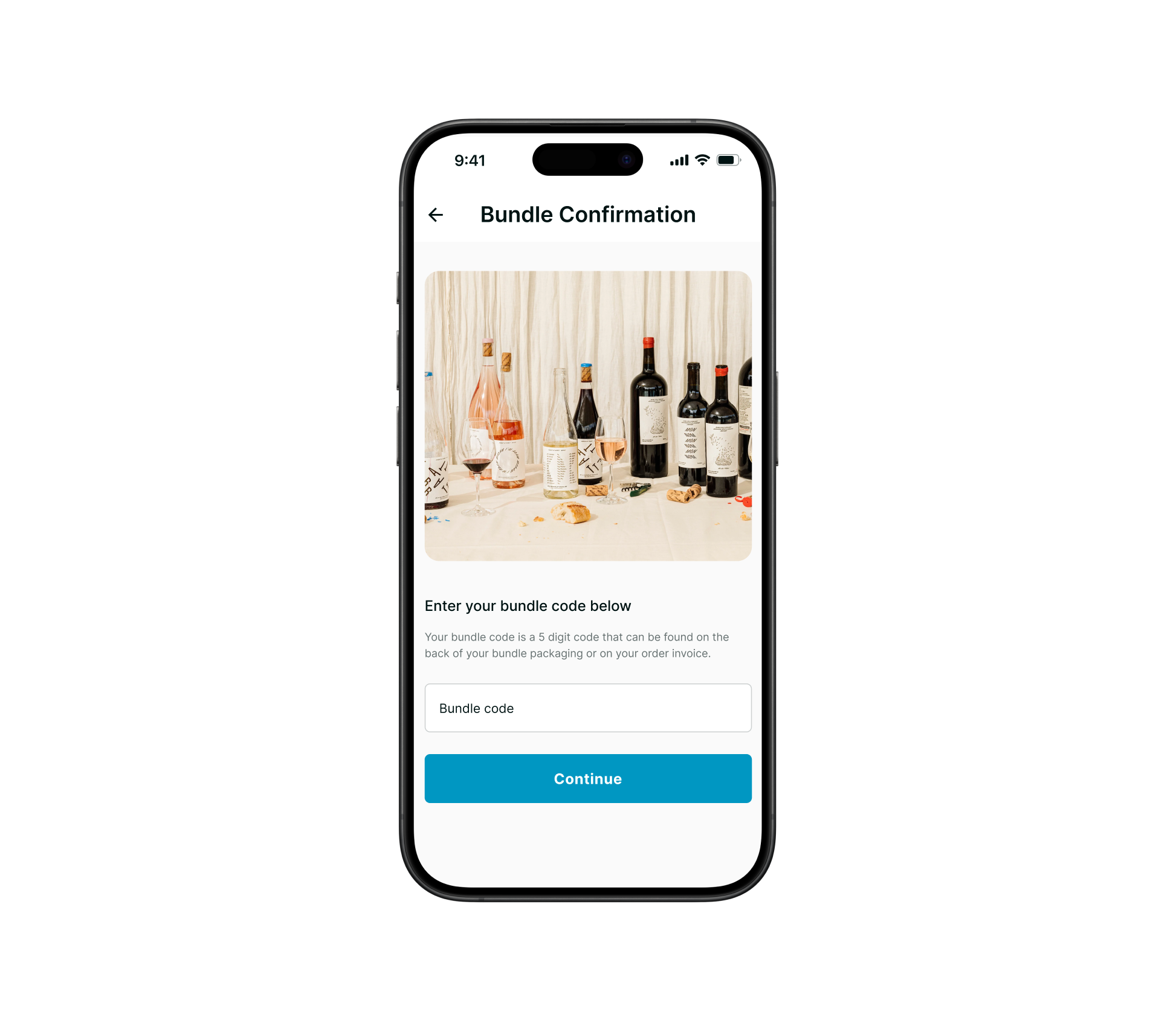 Smartphone-Mockup mit dem Bestätigungsbildschirm, auf dem Nutzerinnen und Nutzer ihren Bundle-Code eingeben.
