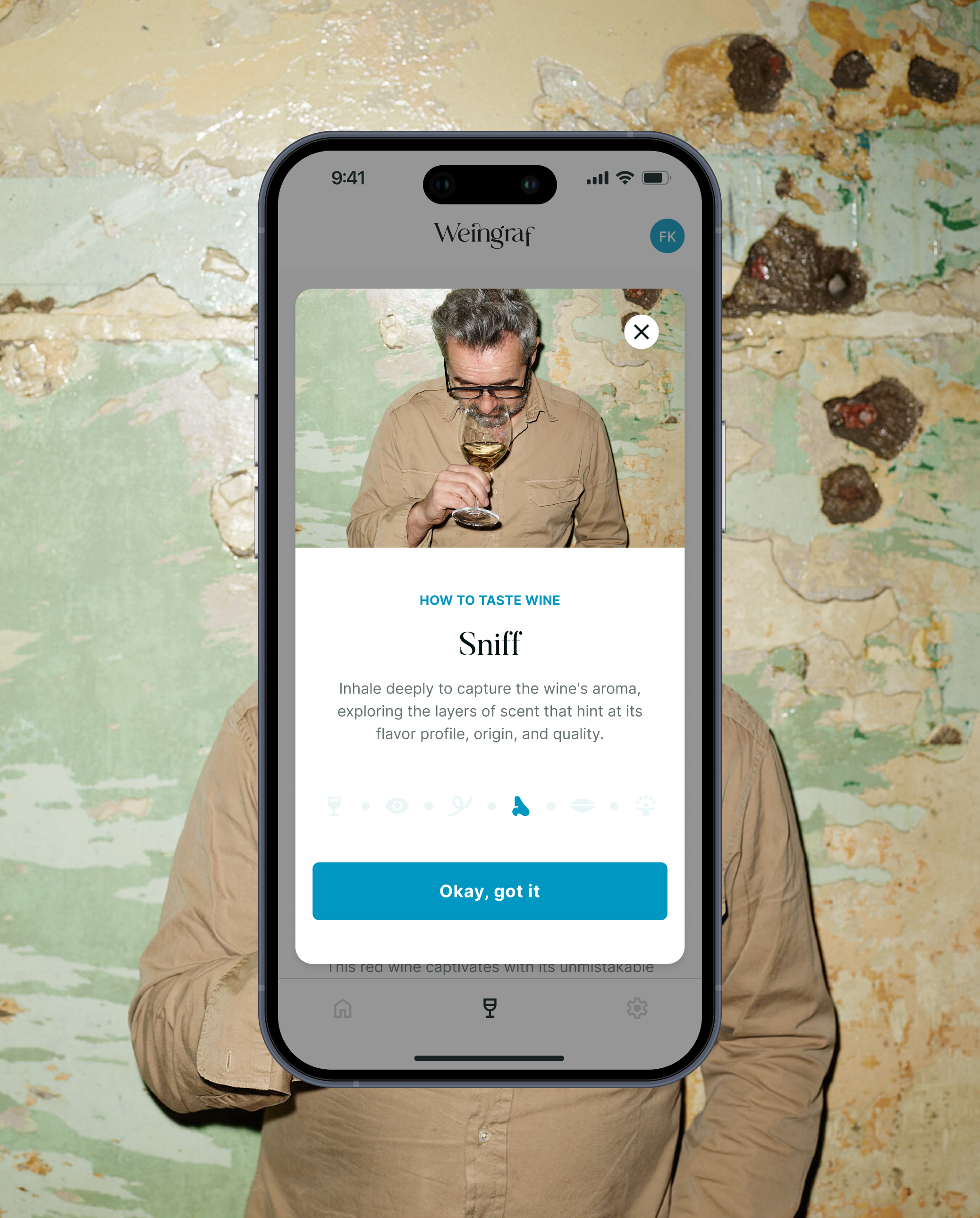 Smartphone-Bildschirm mit der Anleitung „So verkosten Sie Wein“.