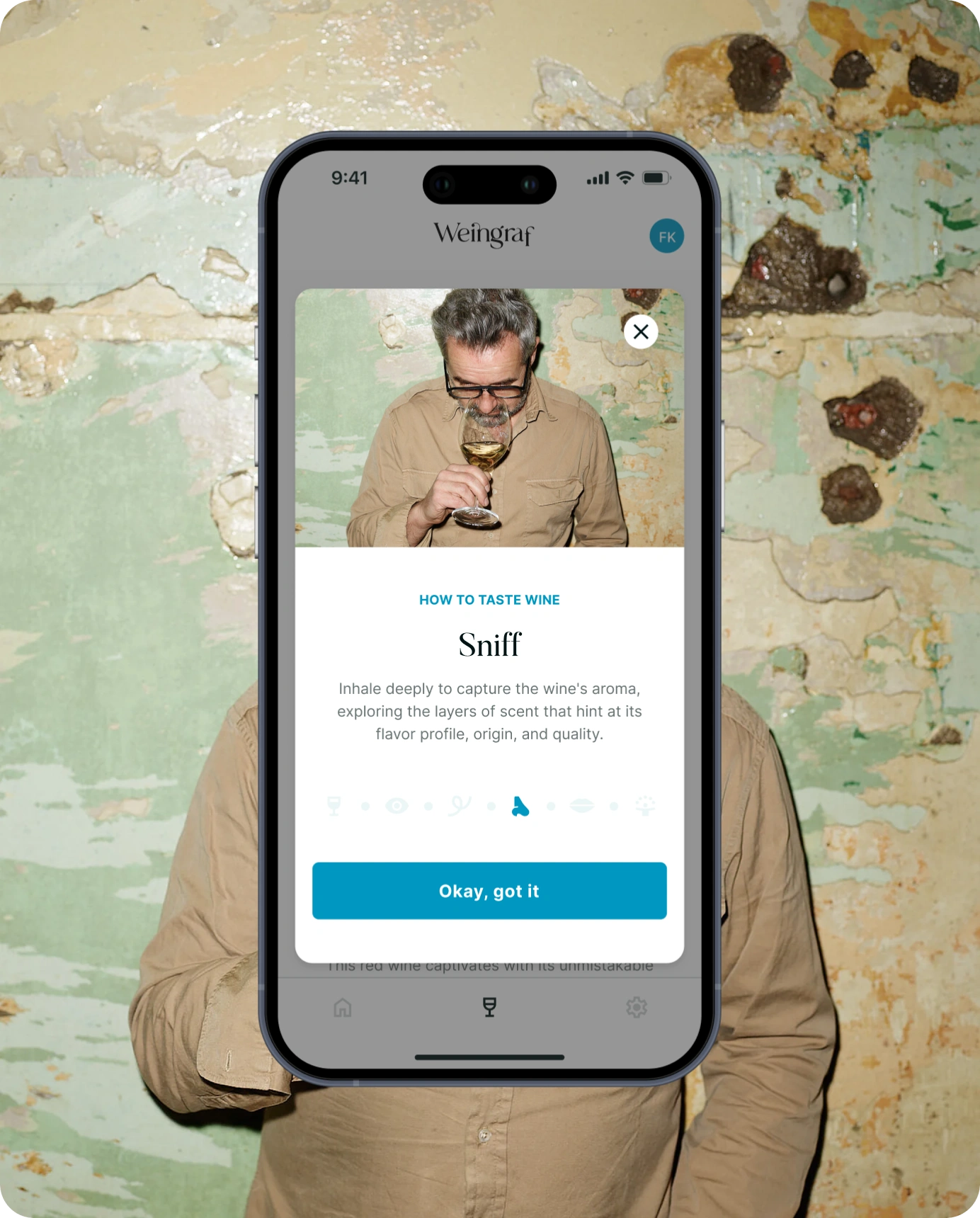 Smartphone-Bildschirm mit der Anleitung „So verkosten Sie Wein“.