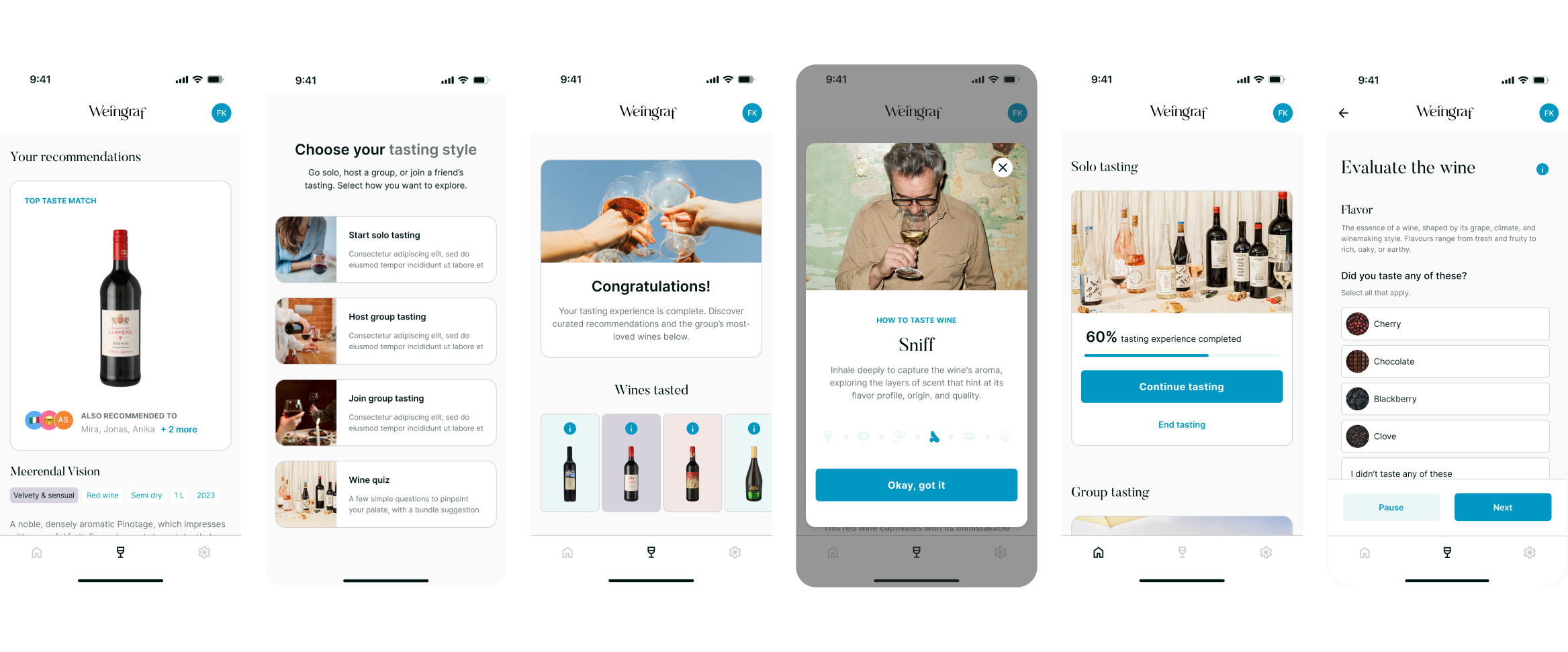 Mehrere Bildschirme der Weingraf-App mit einer klaren, minimalistischen Benutzeroberfläche in den markentypischen Farben und Schriften.