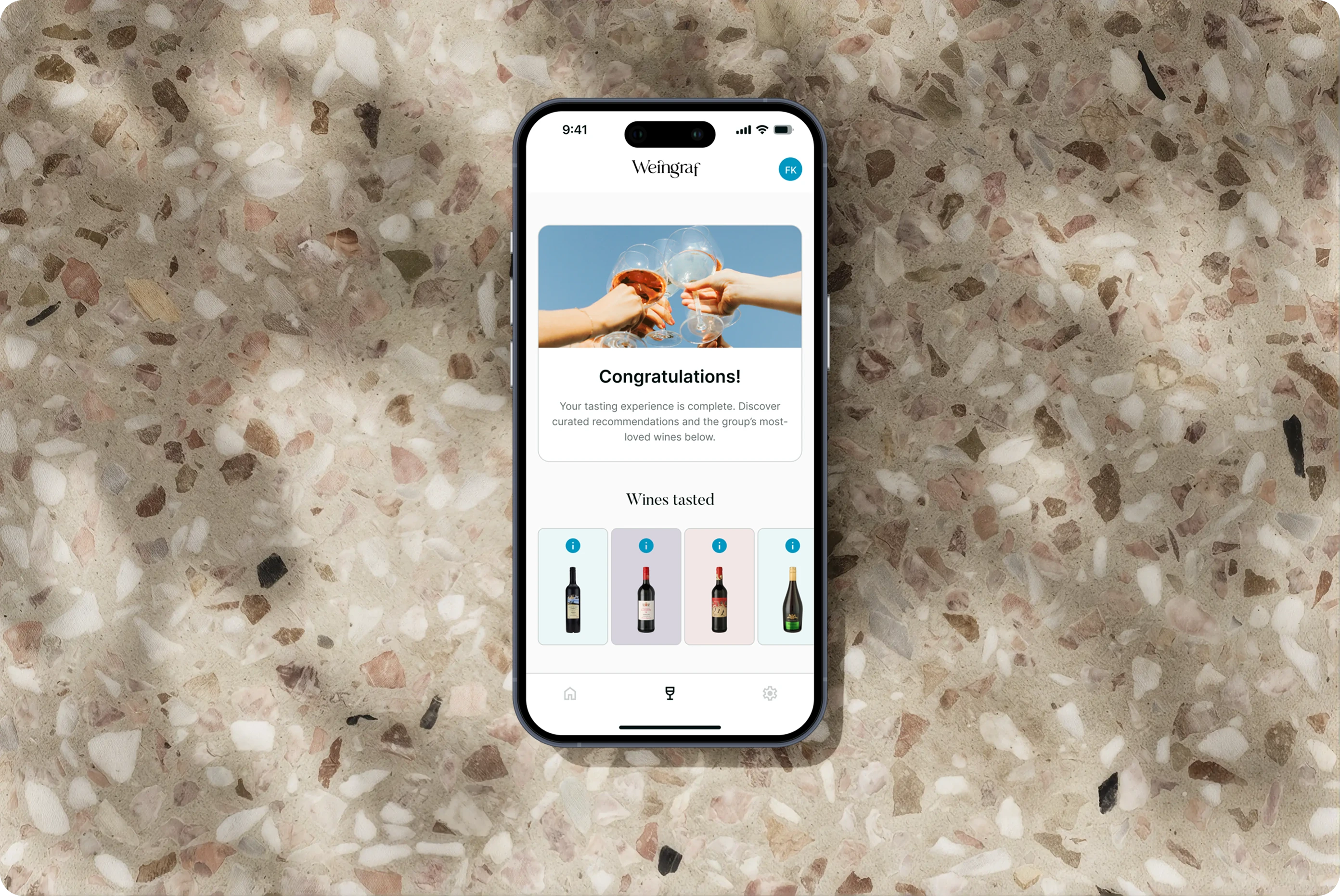 Abschlussbildschirm der Weinverkostungs-App mit Glückwunsch zum abgeschlossenen Tasting und einer Zusammenfassung der persönlichen Ergebnisse.