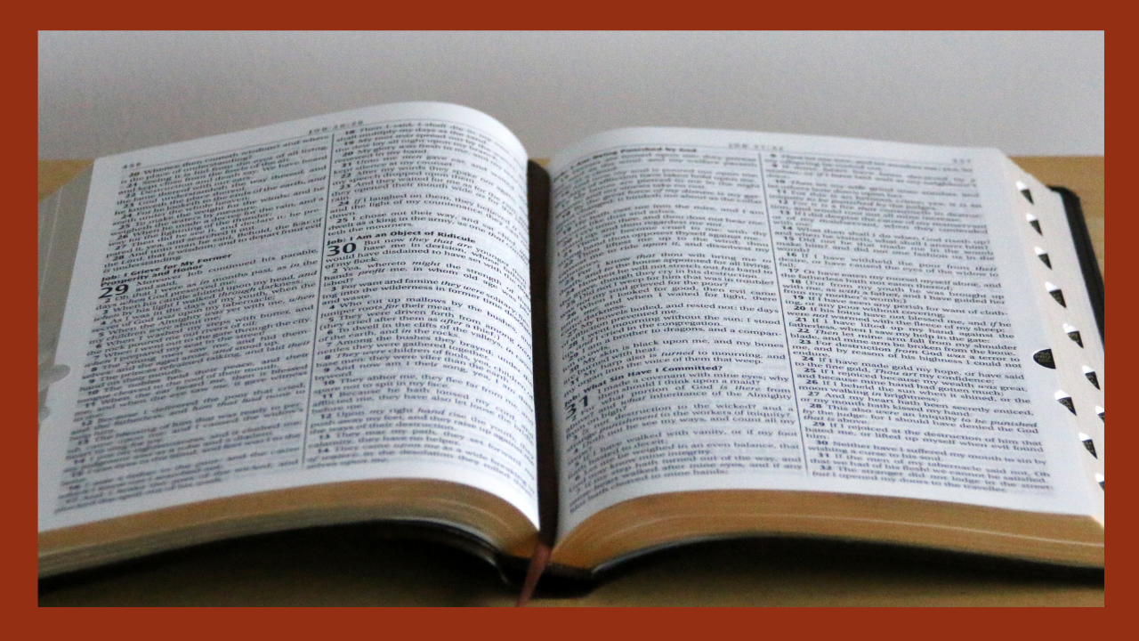 Picture of the Bible opened with scriptures seen