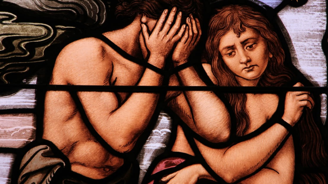 A piece of art depicting Adam and Eve after the fall of man broken and sad