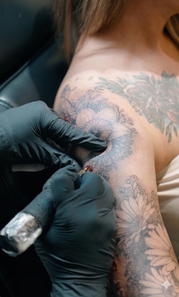 Tattoo artist working on a floral shoulder piece at Santana Studio Co