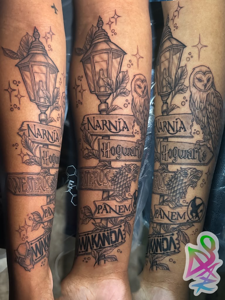 Bookish fantasy signpost tattoo with Narnia, Hogwarts and Westeros signs by Jasmyn SweetJaz