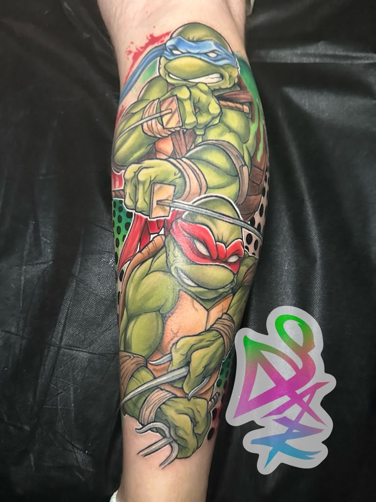 Teenage Mutant Ninja Turtles color leg tattoo by Jasmyn SweetJaz at Santana Studio Co