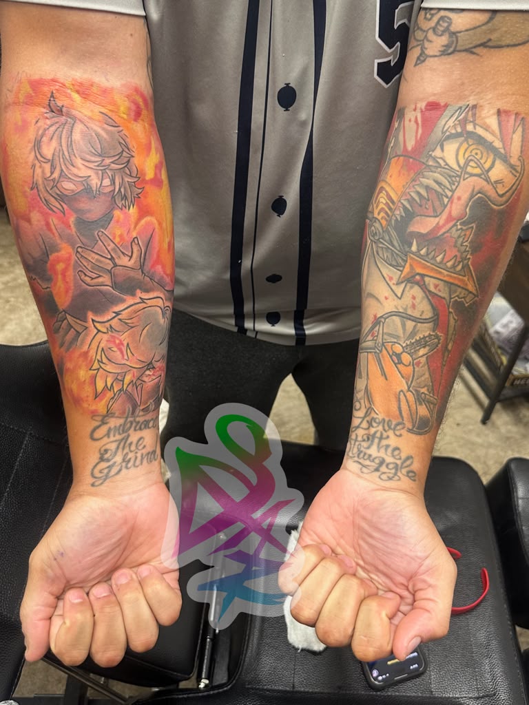 Matching anime forearm sleeve tattoos in color by Jasmyn SweetJaz, Fort Worth
