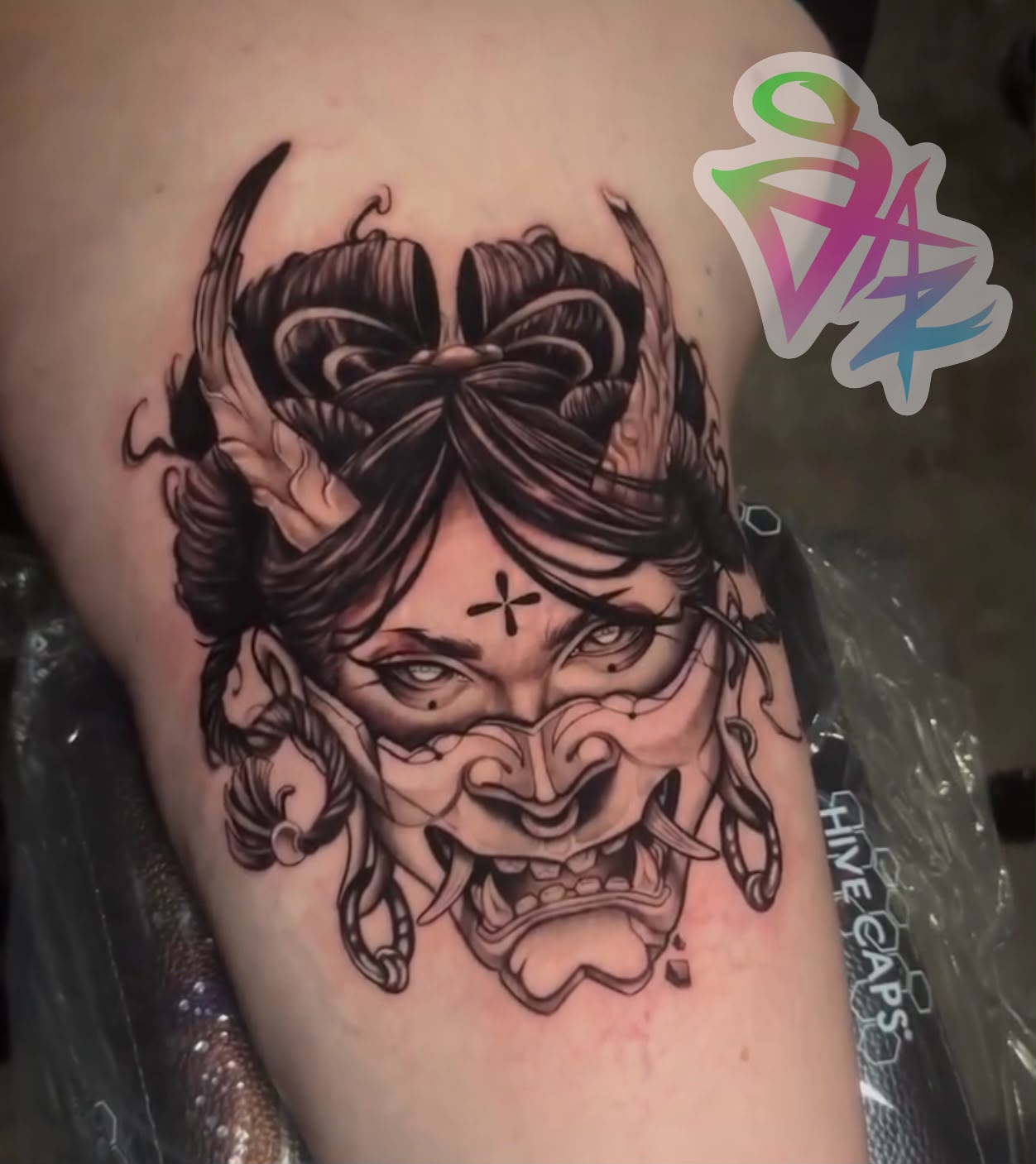 Hannya mask geisha tattoo in black and grey by Jasmyn SweetJaz at Santana Studio Co