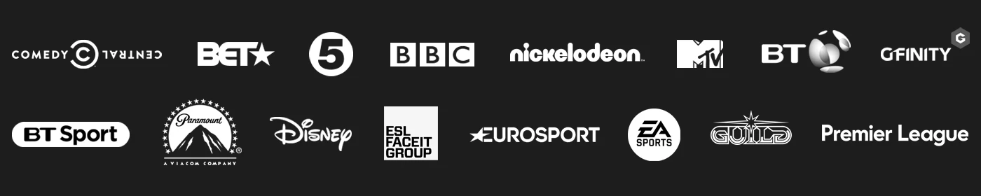 Image - brands we have worked with include Comedy Central, BET, Channel 5, BBC, Nickelodeon, MTV, BT, Gfinity, BT Sport, Paramount, Disney, ESL FaceIt, Eurosport, EA, Guiuld Esports and the Premier League