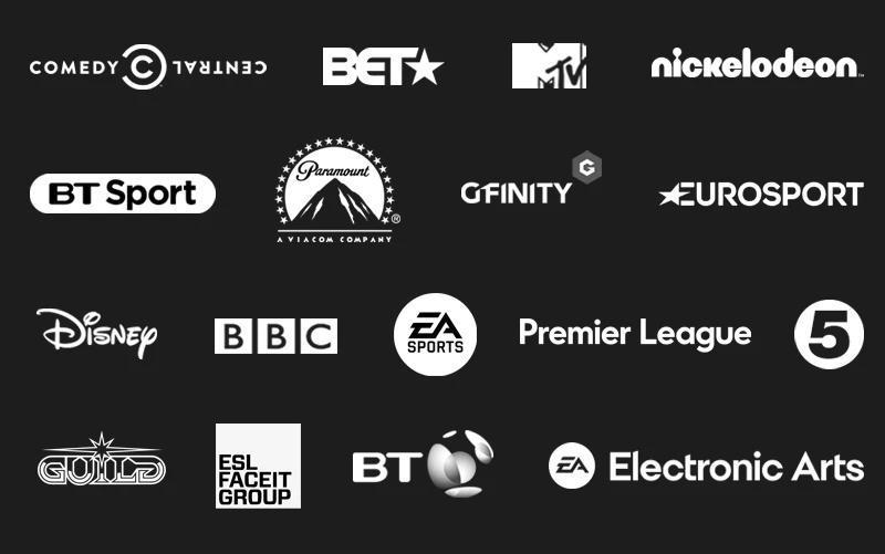 Image - brands we have worked with include Comedy Central, BET, Channel 5, BBC, Nickelodeon, MTV, BT, Gfinity, BT Sport, Paramount, Disney, ESL FaceIt, Eurosport, EA, Guiuld Esports and the Premier League