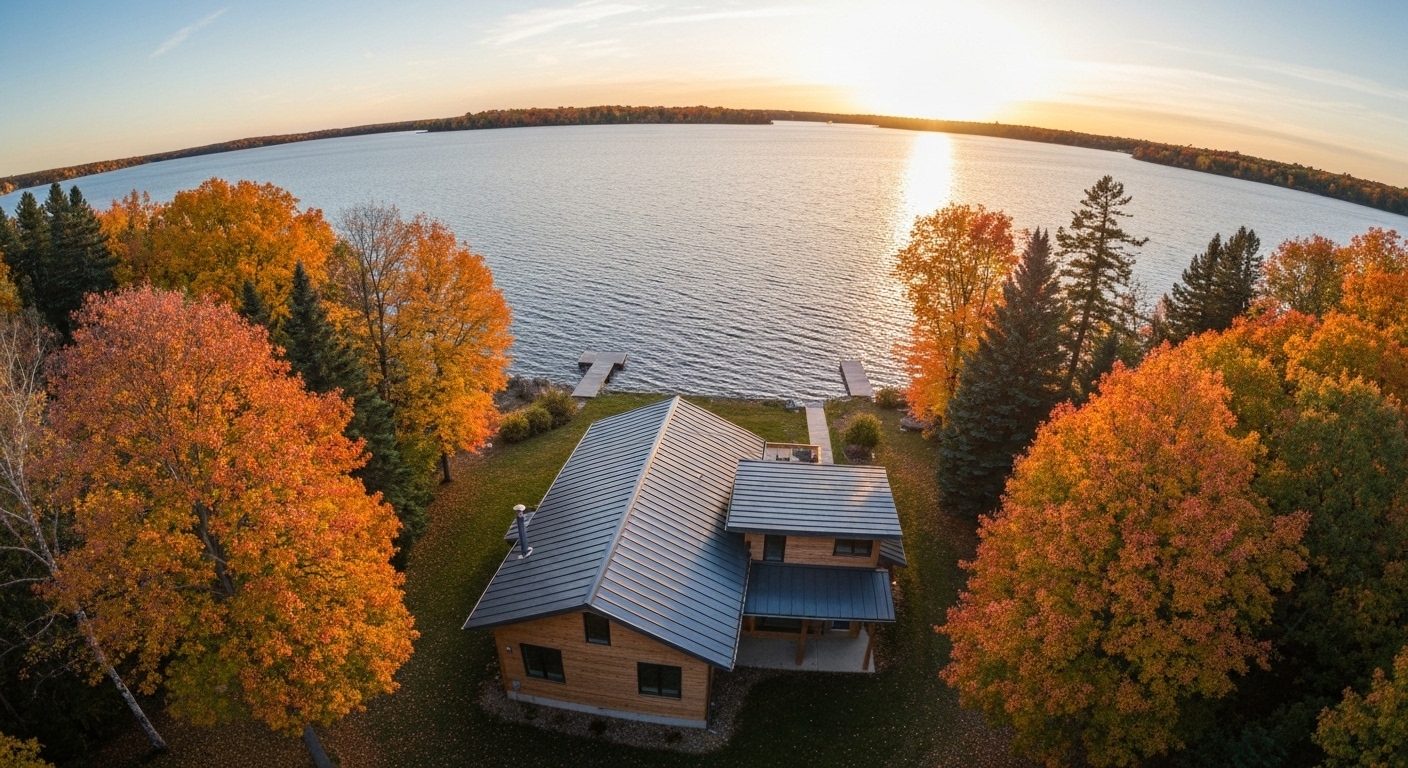 Ontario cottage with metal roof lakeside