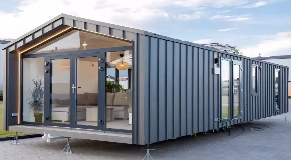 Moderne woning met donkere gevelbekleding, glazen kopgevel en zij-ingang
