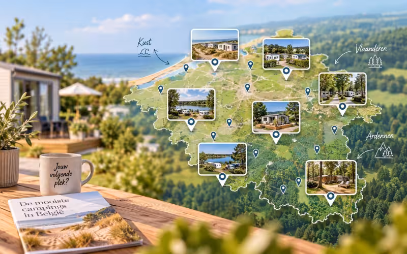 Illustratie van het campingnetwerk in België en Luxemburg, van de kust tot de Ardennen