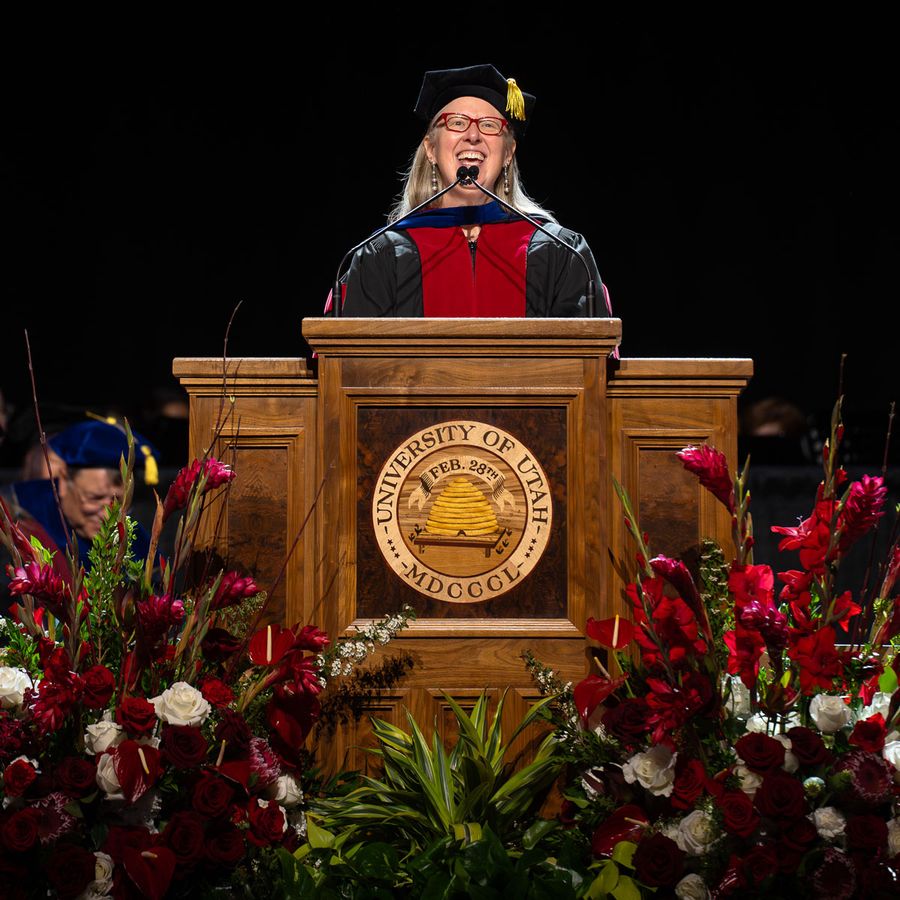 University of Utah commencement speaker at the seal podium