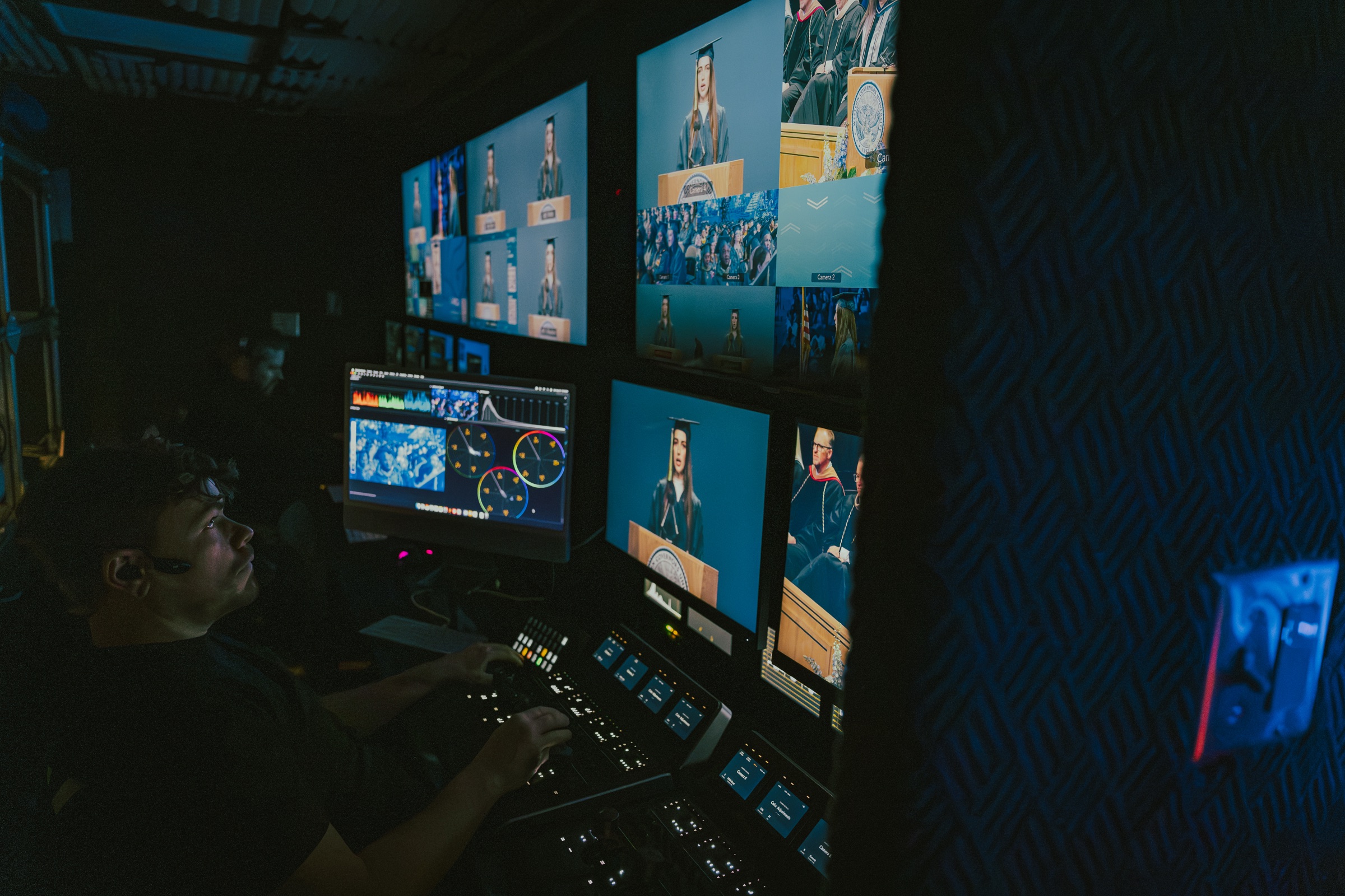 Shader monitoring camera feeds and colour scopes inside the broadcast truck