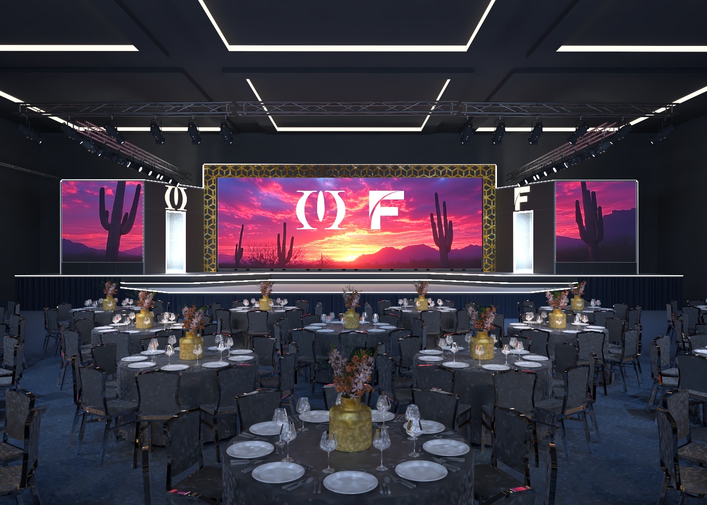 Stage render, stylized option: center view of the desert-sunset LED wall with logos, gold lattice surround and cactus side screens