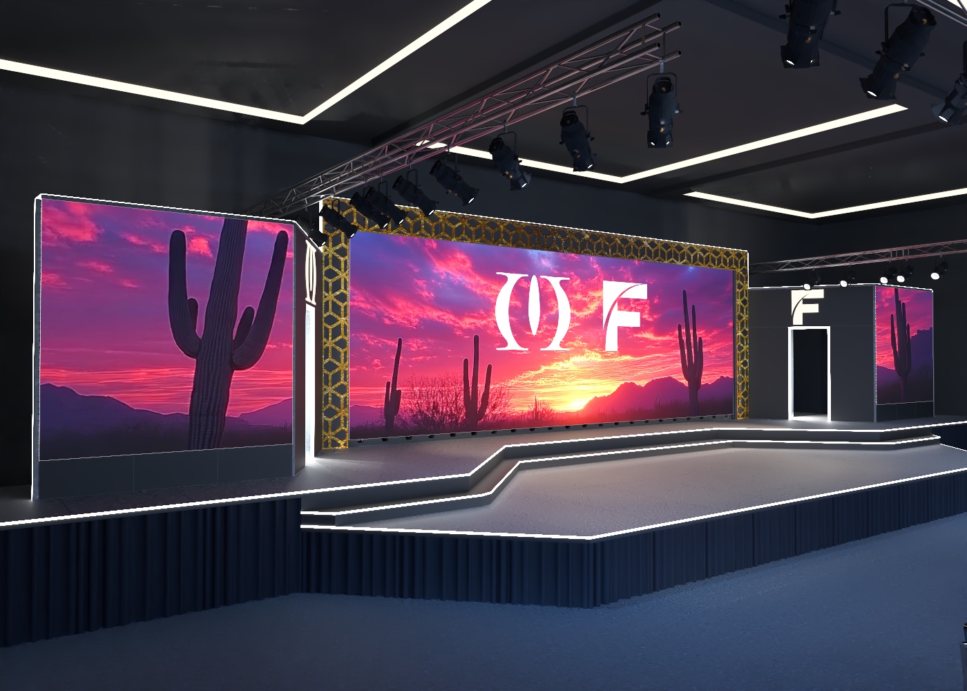 Stage render, stylized option: angled close view of the tiered stage and desert-sunset LED walls