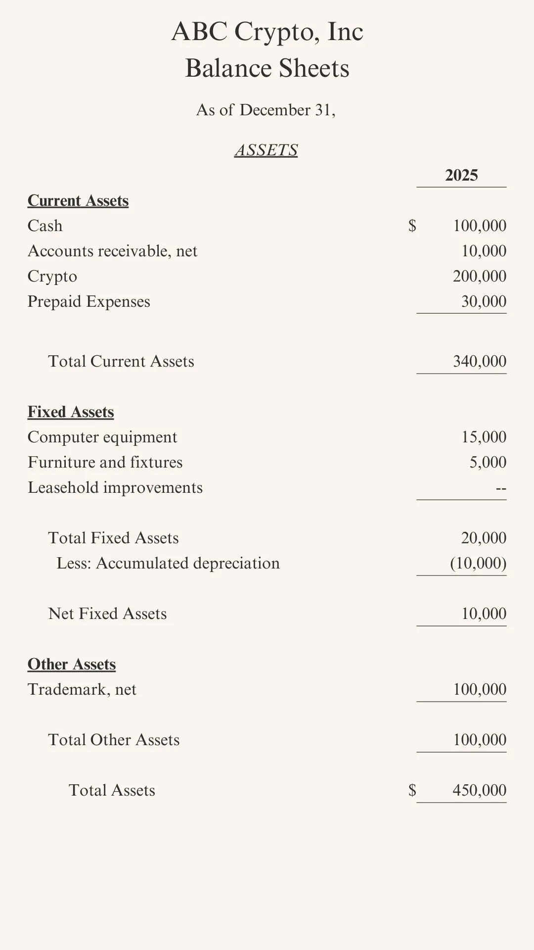 An example balance sheet of an early stage crypto company showing the startup's assets.