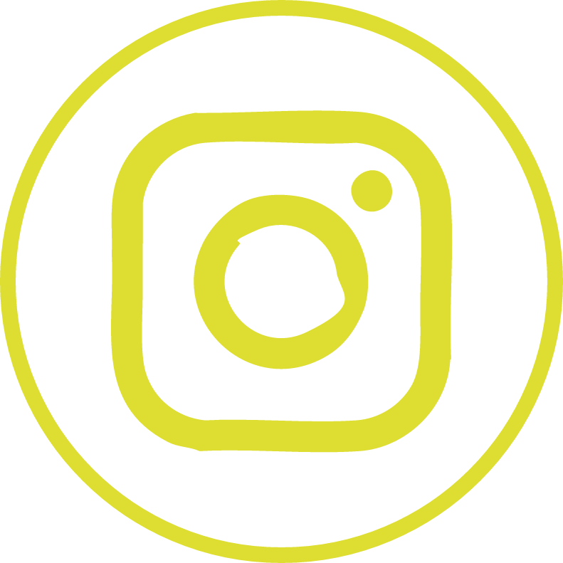 Instagram social media logo in yellow within a yellow circular border on a black background.