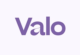 Valo brändin logo violetilla tekstillä valkoisella taustalla. 