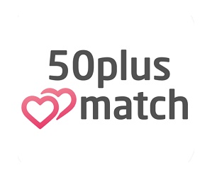50plusmatch logo, jossa kaksi toistensa ylitse menevää sydämen ääriviivaa ovat tekstin vieressä. 