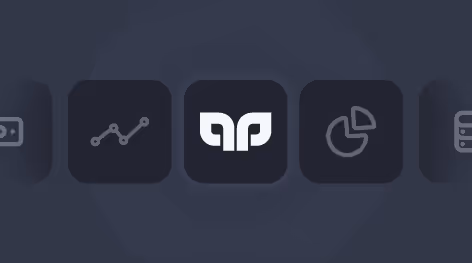 Icono blanco de dos hojas estilizadas enfrentadas en un cuadro negro al centro, rodeado de iconos de gráficos y servidores en cuadros negros.