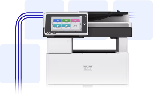Impresora multifuncional Ricoh con pantalla táctil de color y fondo abstracto azul claro.