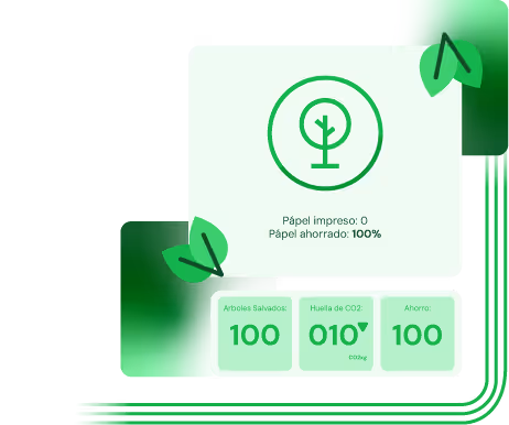 Panel con icono de árbol y texto mostrando papel impreso 0, papel ahorrado 100%, árboles salvados 100, huella de CO2 010 kg y ahorro 100.