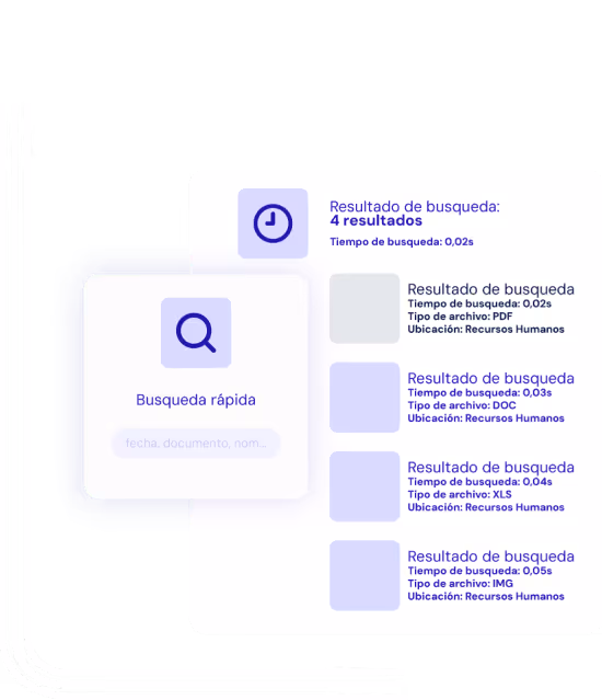 Interfaz de búsqueda rápida mostrando 4 resultados con detalles de tiempo, tipo de archivo y ubicación en Recursos Humanos.