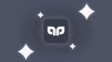 Icono blanco estilizado de doble letra 'P' enfrentada, con destellos brillantes sobre fondo gris oscuro.