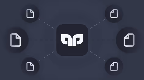 Icono central con logo blanco conectado por líneas punteadas a seis iconos de documentos en círculos oscuros.