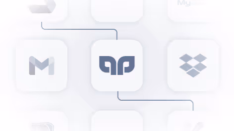 Icono azul oscuro con diseño simétrico de hojas o alas sobre fondo blanco, conectado a otros iconos difuminados en una red.