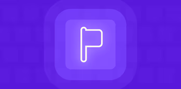 Icono de bandera blanca estilizada sobre fondo púrpura con capas de sombras.