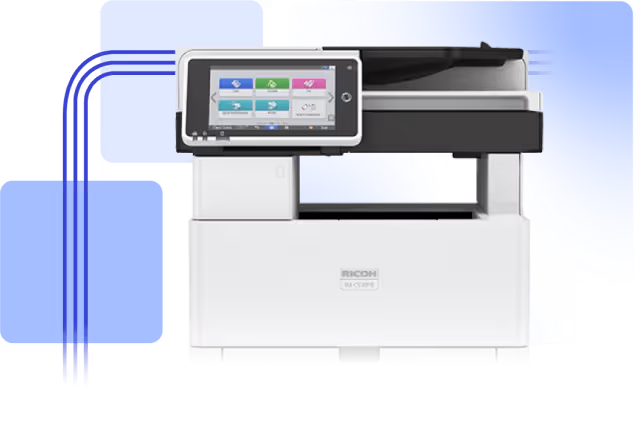 Impresora multifuncional Ricoh con pantalla táctil a color y bandeja para papel.