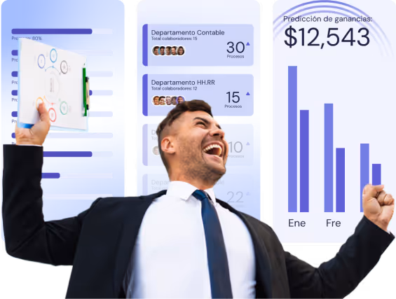 Hombre de negocios celebrando con documentos en mano frente a gráficos de barras y predicción de ganancias de $12,543.