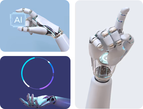Manos robóticas estilizadas en diferentes posiciones, una sostiene un ícono de AI, otra señala hacia arriba y la tercera sostiene un círculo de carga digital.