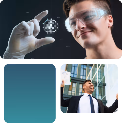 Hombre con guante blanco y gafas de protección sosteniendo un chip digitalmente ilustrado, y otro hombre de negocios celebrando frente a un edificio moderno.