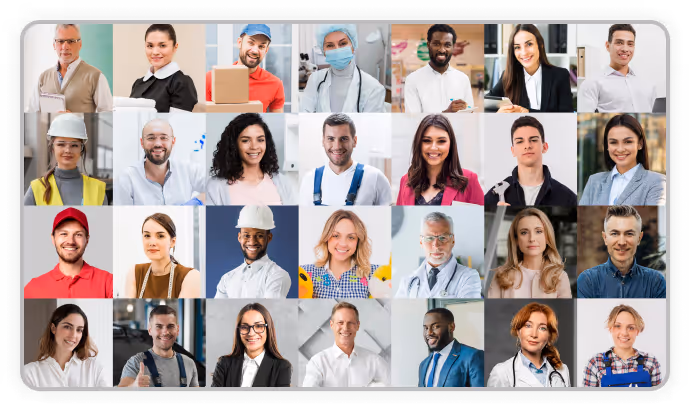 Collage de retratos de profesionales diversos, incluyendo trabajadores de la salud, técnicos, y empleados de oficina, todos sonriendo y vestidos con ropa laboral o business casual.