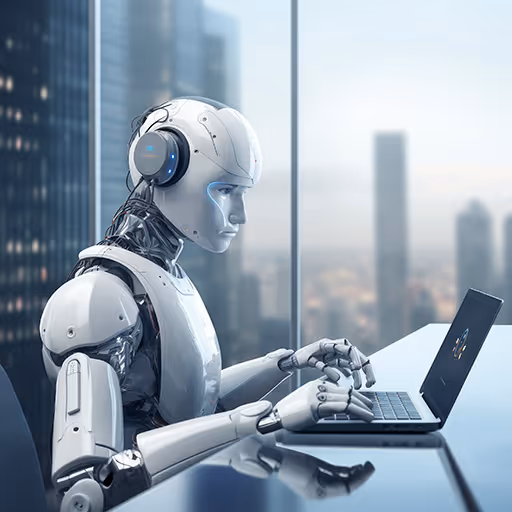 Robot humanoide con auriculares usando una computadora portátil en un escritorio frente a una ventana con vista a edificios altos.