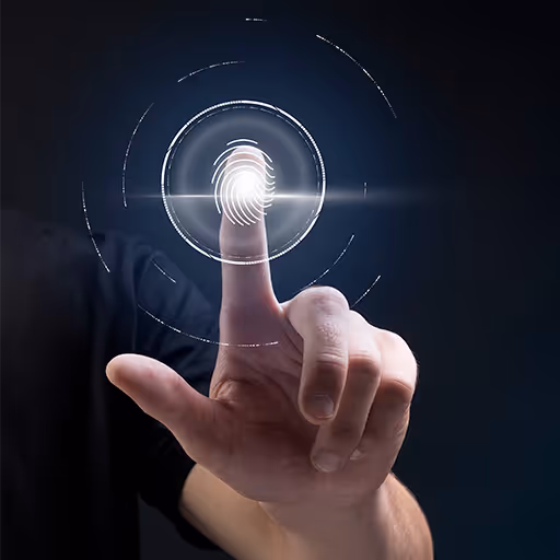 Mano señalando con el dedo índice, con un escaneo digital de huella dactilar iluminado sobre la punta del dedo.
