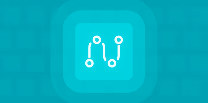 Icono de visualización de procesos con puntos y líneas conectados sobre fondo azul turquesa.