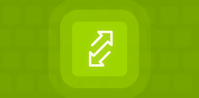 Icono de flechas diagonales opuestas que representan expansión o interconexión sobre fondo verde degradado.