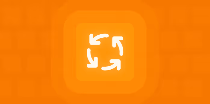 Icono blanco de cuatro flechas curvas formando un círculo en fondo naranja.