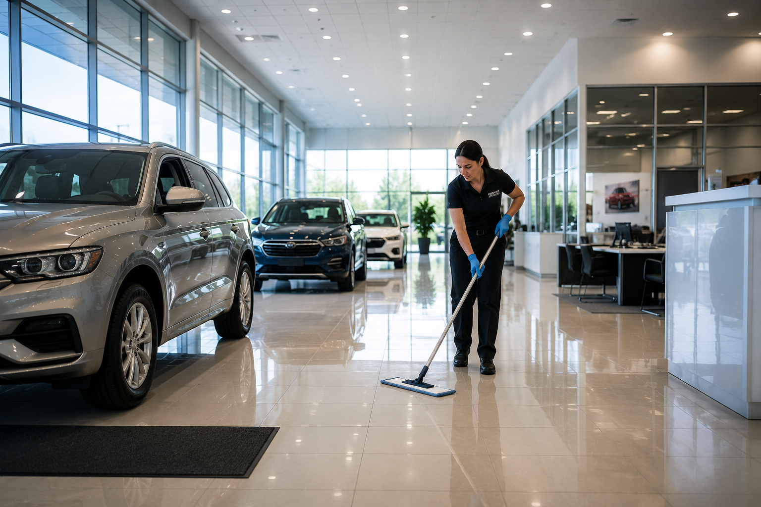 A woman wearing gloves is cleaning the floor with a mop in a bright, modern car showroom with several cars on display.