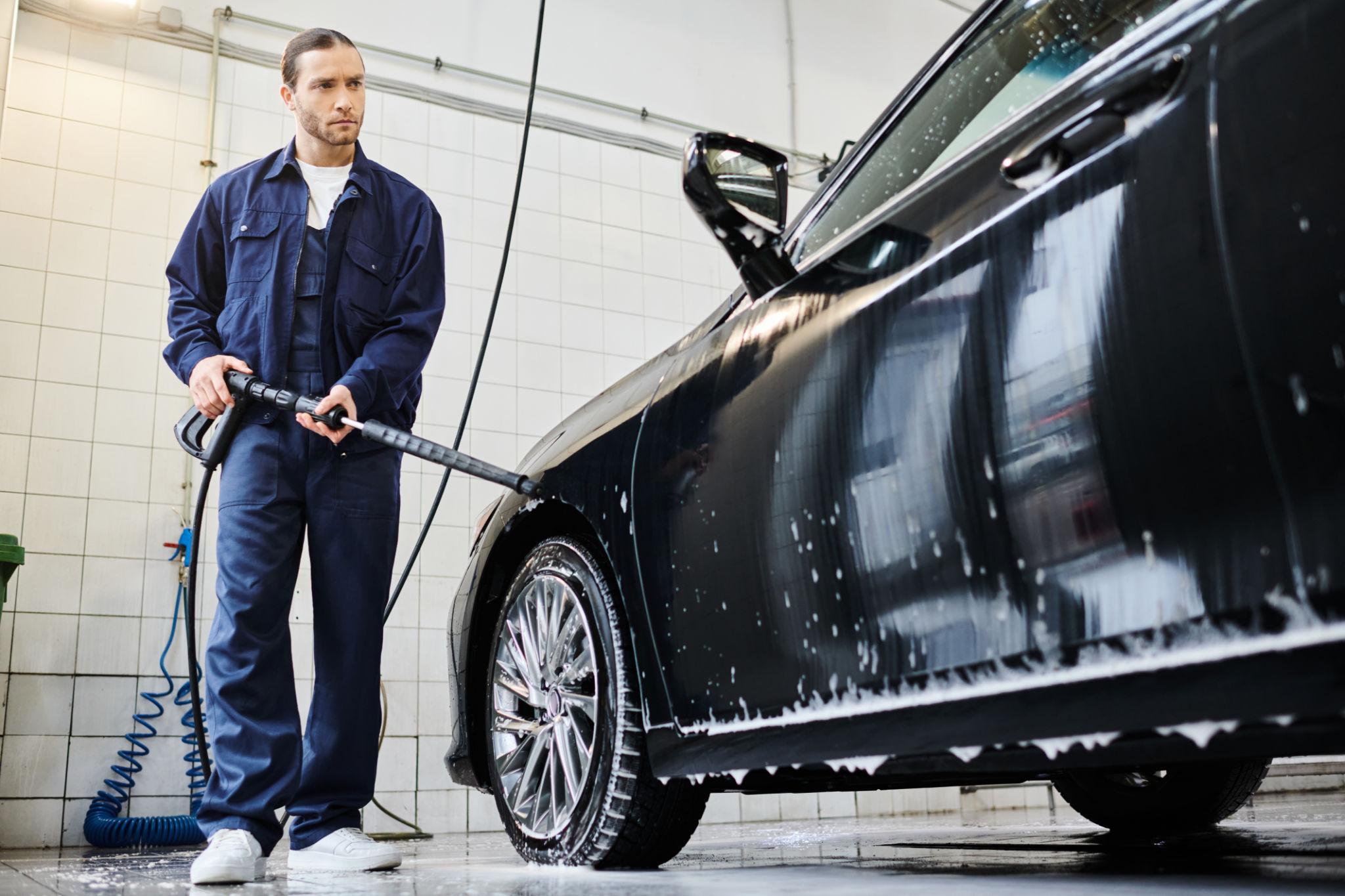 Man in blue coverall washing a black car using a high-pressure water hose in a tiled indoor car wash.