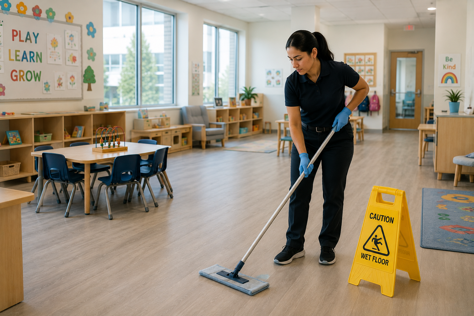 Woman in gloves mopping floor in a brightly decorated classroom with a caution wet floor sign nearby.