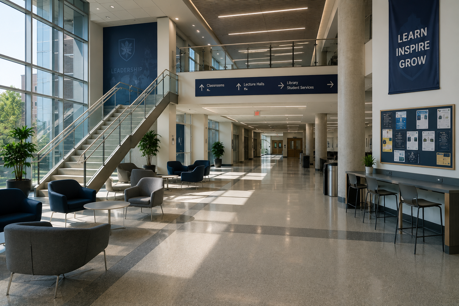 Bright college building lobby with seating area, stairway, large windows, and directional signs for classrooms, lecture halls, library, and student services.