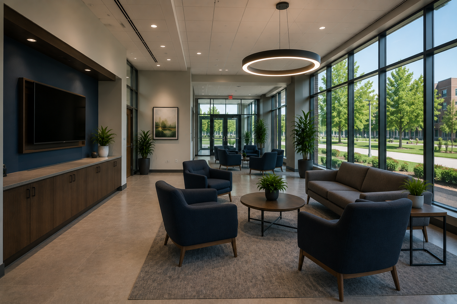Modern lounge area with blue armchairs, a gray sofa, round coffee tables with plants, large windows, and a large circular ceiling light.