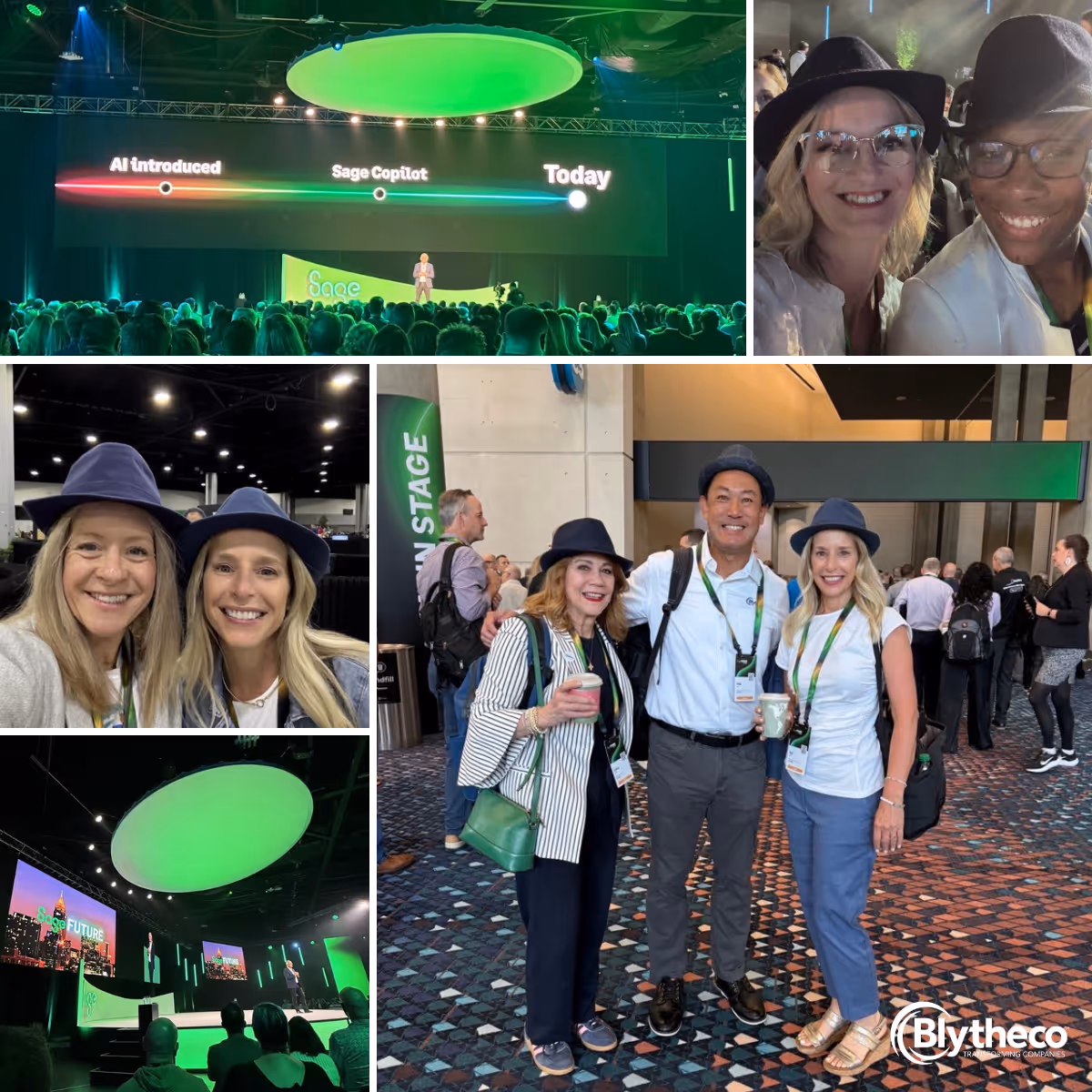 Collage of event photos showing a crowded conference with 'AI introduced, Sage Copilot, Today' timeline on screen, groups of smiling attendees wearing hats, and speakers presenting on a green-lit stage.