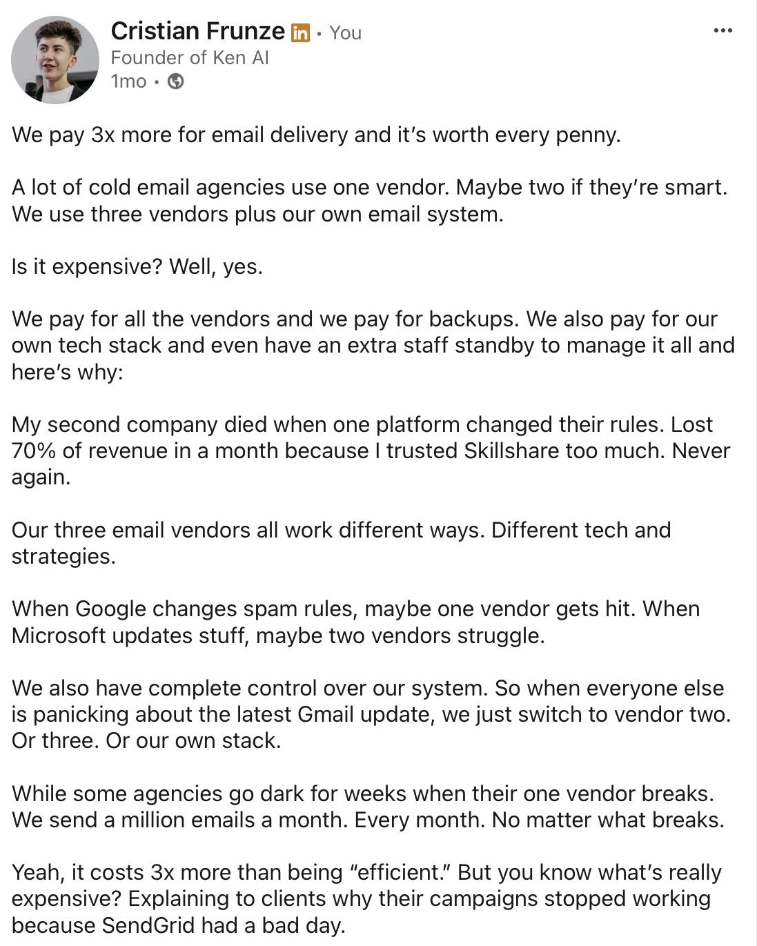 A text post where Cristian talks about email delivery 